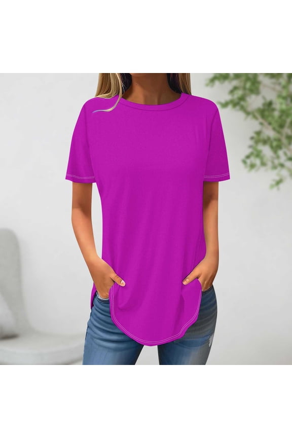 Womens Summer Tops Plus Size Short Sleeve Round Neck Solid Color Casual Loose Pima Cotton Workout Shirt Perfect Yoga T-Shirt Athletic Tee Top