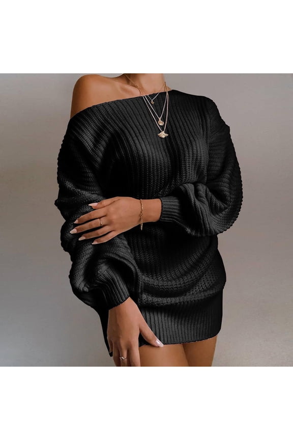 Womens Sweater Dress Long Womens Off Shoulder Sweater Dress Lantern Long Sleeve Loose Casual Oversize Ladies Pullover Mini Knit Dress