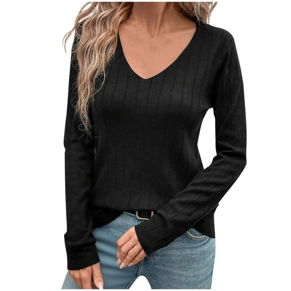 WXLWZYWL Womens Sweaters Casual V Neck Knit Tops Loose Fitted Long Sleeve Shirts Casual Knitwear