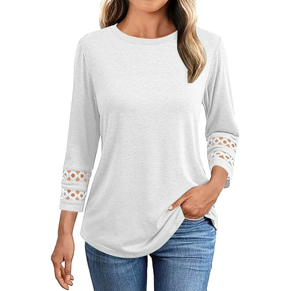 WXLWZYWL Womens Tops Crochet 3/4 Length Sleeve Dressy Casual Tops Round Neck T Shirts Loose Blouses Tunic Tops