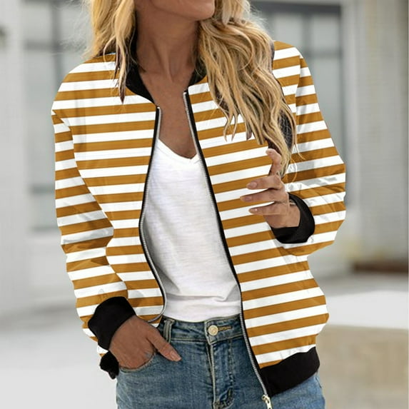 WXLWZYWL Womens Tops,Fall Clothes,Winter Women's Fall Cropped Jackets Dressy Trendy Quilted Bomber Jackets Long Sleeve Striped Zip Up Coats Lightweight Fall Outerwear