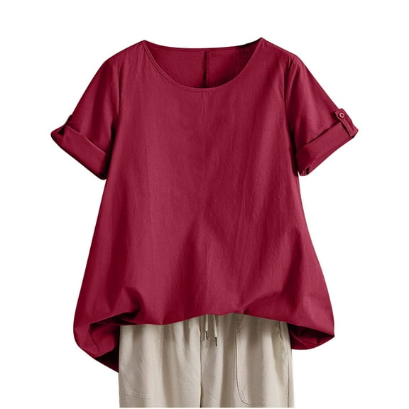 WXLWZYWL Womens Tops Roll up Short Sleeve T Shirts Solid Color Tunic Top Tees Summer Plain Casual Blouse