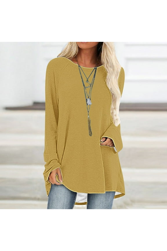 Womens Tunic Tops Long Sleeve Round Neck Soft Loose Long Blouse Shirts Side Split Casual Long T Shirts to Wear with Leggings