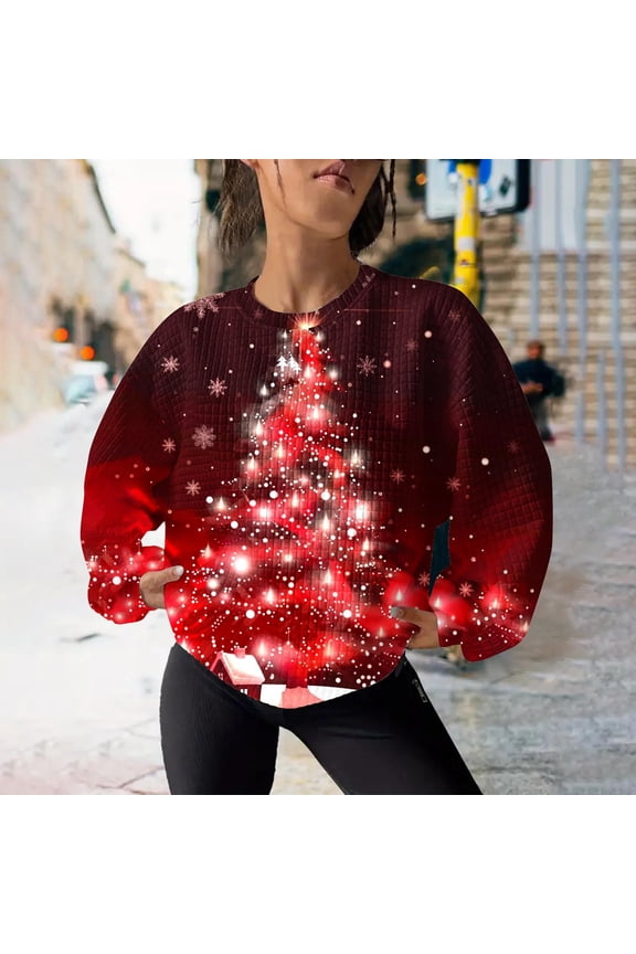 Womens Ugly Christmas Sweater Funny Sweatshirts Holiday 3D Print Trendy Cute Long Sleeve Pullover 2024 Loose Christmas Sweaters Pullover