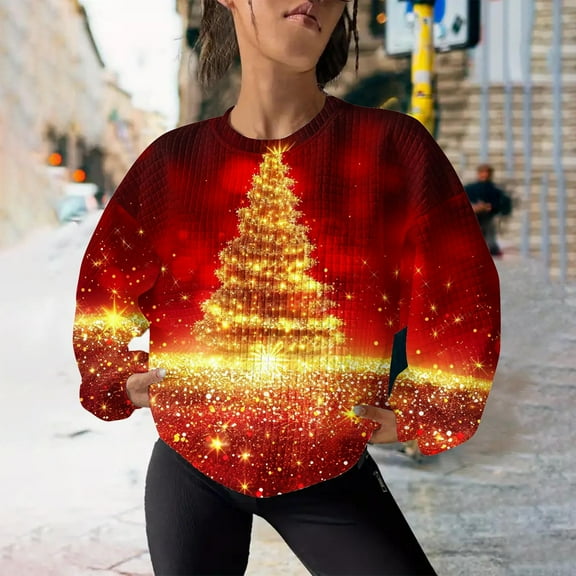WXLWZYWL Womens Ugly Christmas Sweater Funny Sweatshirts Holiday 3D Print Trendy Cute Long Sleeve Pullover 2024 Loose Christmas Sweaters Pullover