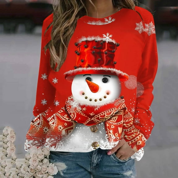 WXLWZYWL Womens Ugly Christmas Sweater Funny Sweatshirts Holiday 3D Print Trendy Cute Long Sleeve Pullover 2024 Loose Christmas Sweaters Pullover