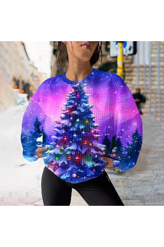 Womens Ugly Christmas Sweater Funny Sweatshirts Holiday 3D Print Trendy Cute Long Sleeve Pullover 2024 Loose Christmas Sweaters Pullover