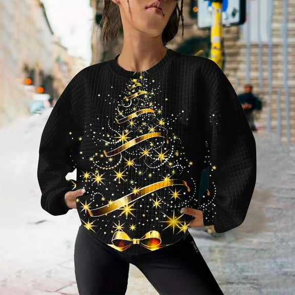 WXLWZYWL Womens Ugly Christmas Sweater Funny Sweatshirts Holiday 3D Print Trendy Cute Long Sleeve Pullover 2024 Loose Christmas Sweaters Pullover