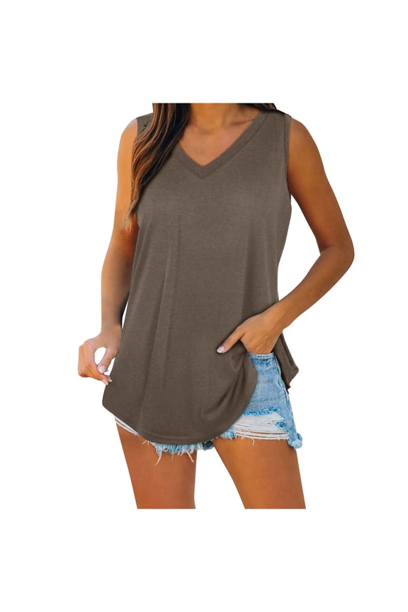 Womens V Neck Tank Tops Casual Sleeveless Shirts Side Split Loose Fitting Going out Blouses