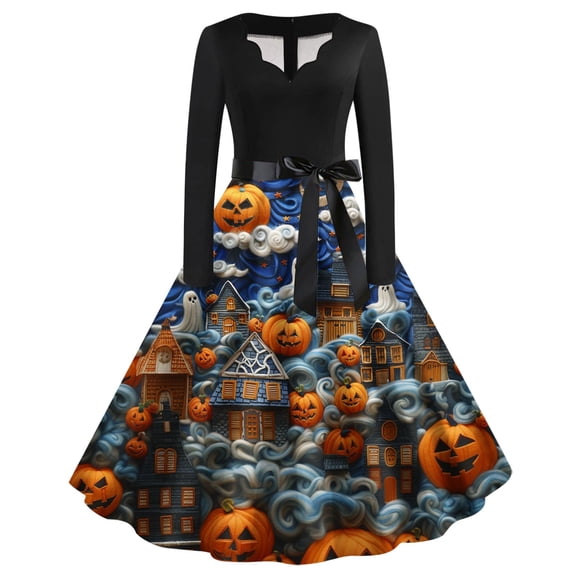 WXLWZYWL Womens Vintage Long Sleeve Dresses 1950s Hepburn Style Prom Dress with Belt Halloween Pumpkin Print V-Neck Swing Dress