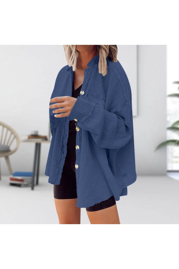 Womens Waffle Knit Shacket Boyfriend Oversized Button Down Shirt Jacket Lightweight Long Sleeve Tops with Pockets