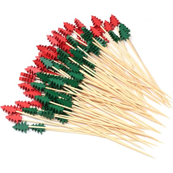 WXSP 100PCS Christmas Tree Cocktail Picks Fruit Food Hamburger Toothpicks Cupcake Toppers Sandwich Appetizer Decorative Skewers Drink Garnish Christmas Birthday Party Sticks - 2 Colors