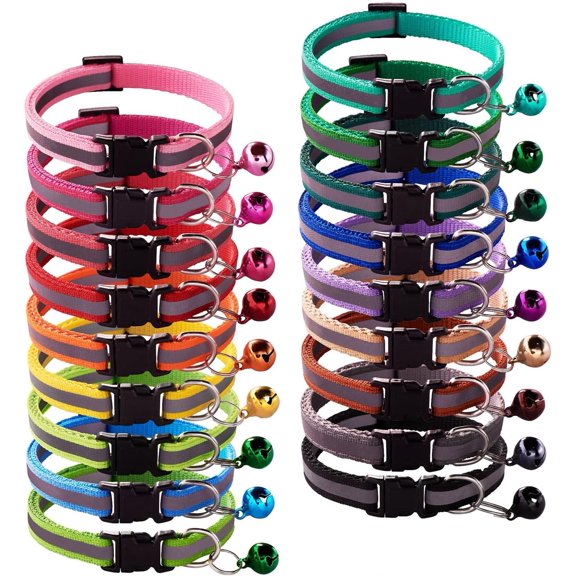 WXSP 18Pcs Reflective Puppy Collars, Cat ID Collars with Bell Adjustable 19-32cm, Soft Nylon Adjustable Quick Release Identification Collars for Puppy Cat(Unbreakaway)