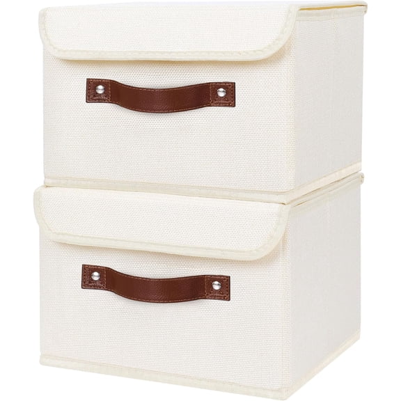 WXXSSB-2PCS Storage Bins with Lid PU Leather Handles Storage Boxes PP Plastic Board Decorative Foldable Lidded Cotton Linen Fabric Home Cubes Baskets Closet Organizer Containers - Beige, Small Size