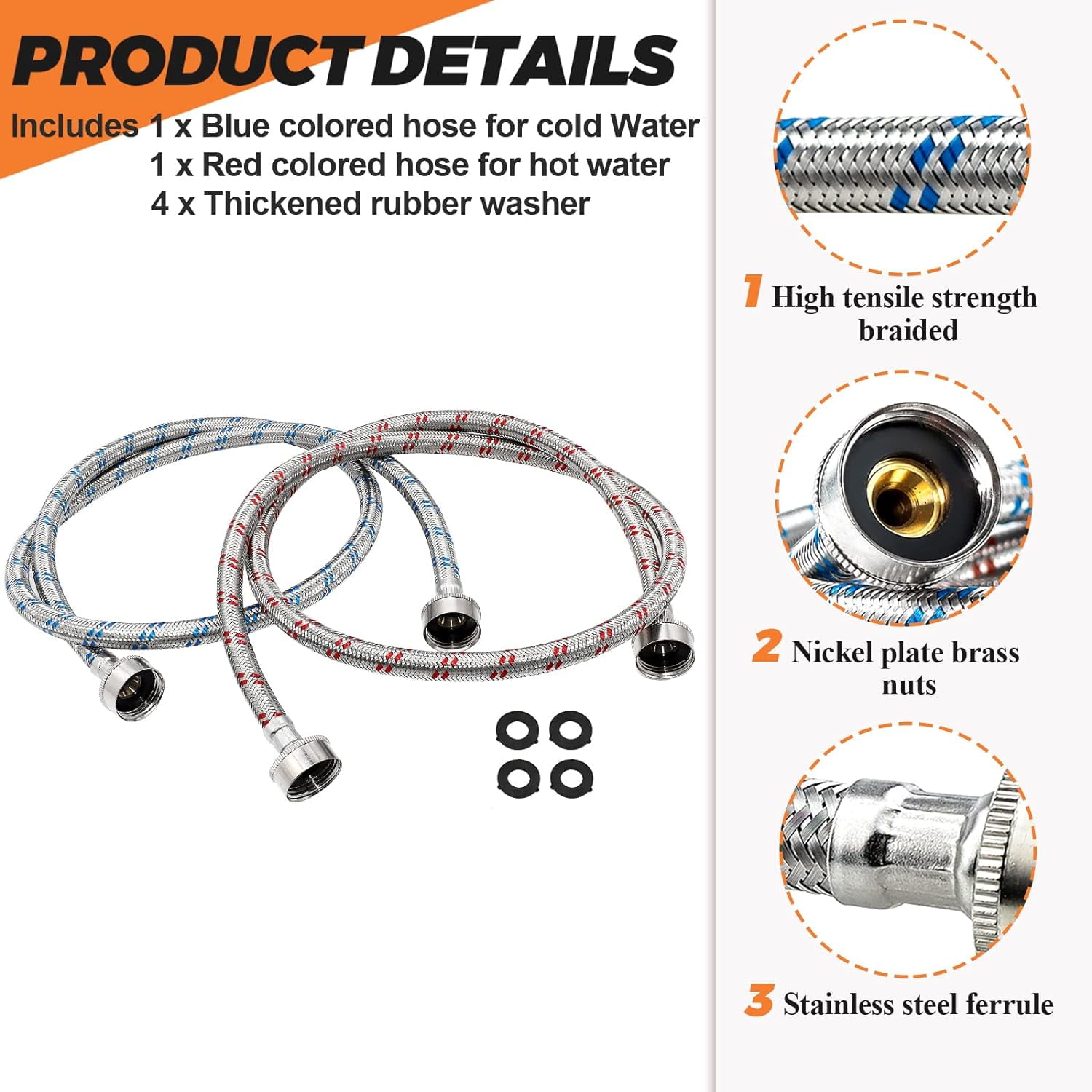 WXXSSB-4 Ft Washing Machine Hoses Burst Proof Braided Stainless Steel - Fit for ALL Washers - Red and Blue Washer Hoses(2 Packs) - 10 YEARS WARRANTY