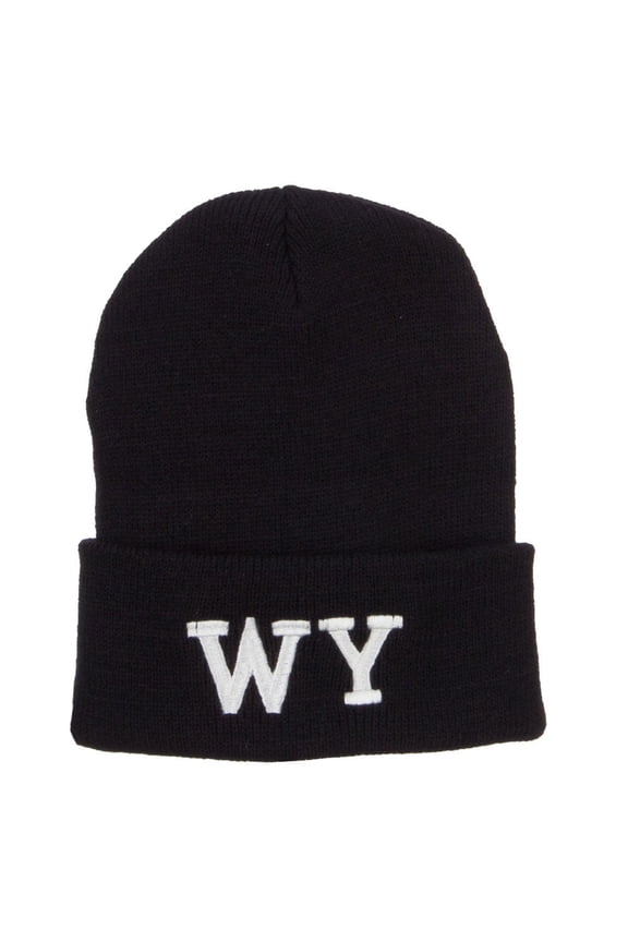 WY Wyoming State Embroidered Long Beanie - Black OSFM