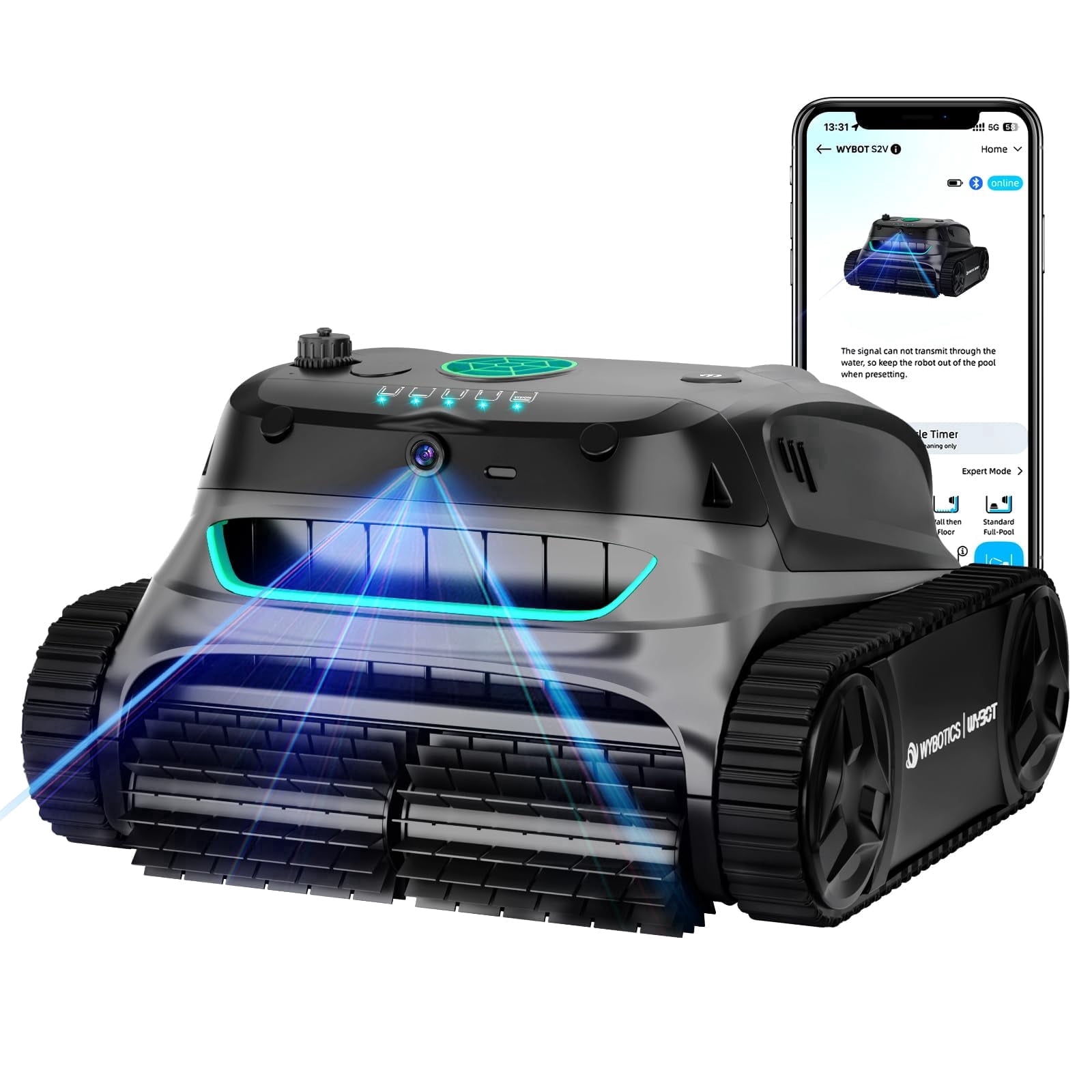 WYBOT S2 Vision Cordless Robotic Pool Cleaner, AI Vision Debris Detection, Brushless Motor, Wall & Waterline Cleaning, App Control, for Inground Pools up to 3229 Sq.Ft, Grey & Green