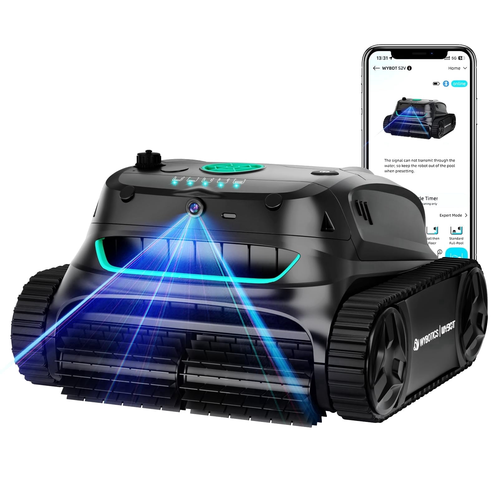 WYBOT S2 Vision Cordless Robotic Pool Cleaner, AI Vision Debris Detection, Brushless Motor, Wall & Waterline Cleaning, App Control, for Inground Pools up to 3229 Sq.Ft, Black & Green