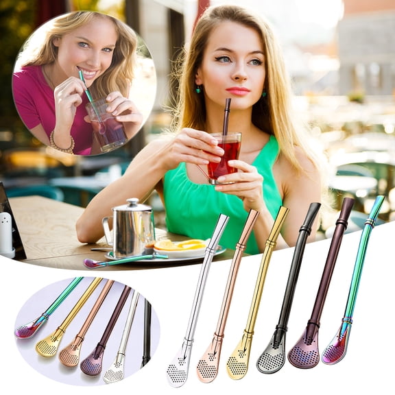 WYBXZ 3-in-1 Gold Stainless Steel Straw Spoon – 304 Grade – Functions as Stirring Spoon, Filter & Drinking Straw – Perfect for Milk Tea, Coffee & Summer Iced Drinks
