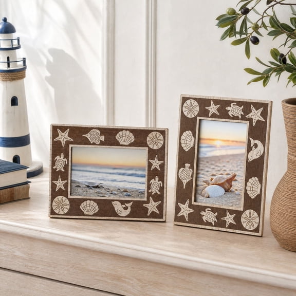 WYBXZ 6 in Vertical Wooden Picture Frame, Beach Shell Sea Turtle Tabletop Photo Decor