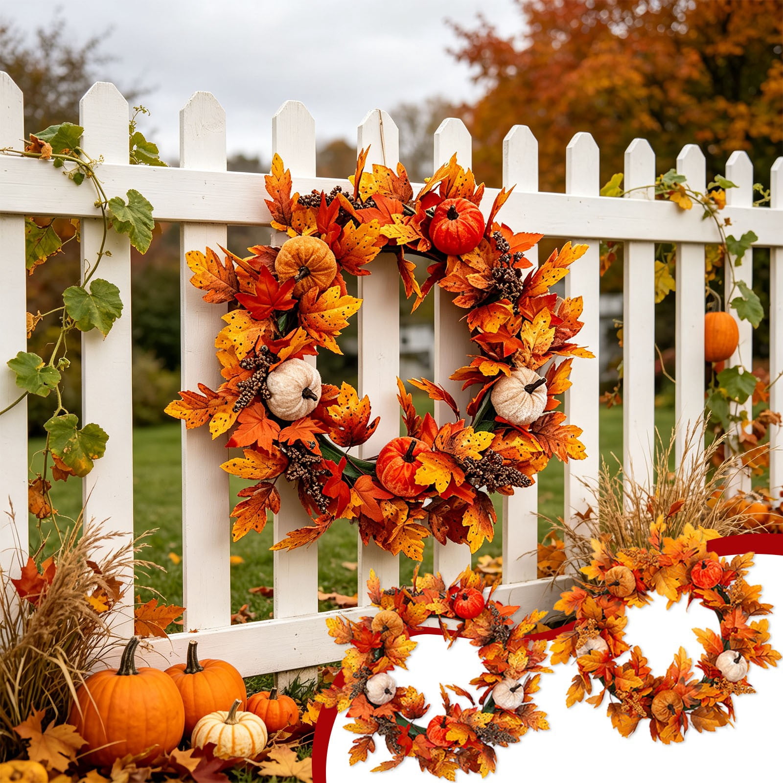 WYBXZ Autumn Front Door Wreath, 18.1 in Artificial Fall Leaves, Harvest