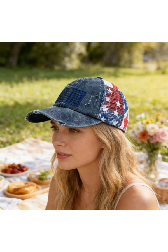 Blue Distressed USA Flag Baseball Cap Embroidered Ponytail Hat for Summer Outdoor Graduation Season Adjustable Mesh Back