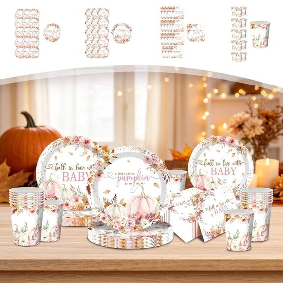 WYBXZ Fall Party Tableware Set, Disposable Paper Plates Cups with Maple Leaf Pumpkin Print, 16-Piece Thanksgiving Dinner Kit, Festive Autumn Supplies