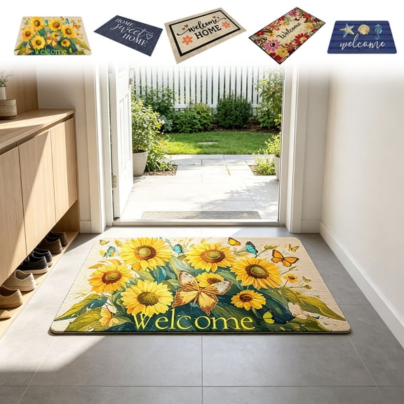 WYBXZ Fresh Floral Crystal Velvet Doormat for Entryway Kitchen Sunflower Butterfly Non-Slip Welcome Rug for Spring Summer