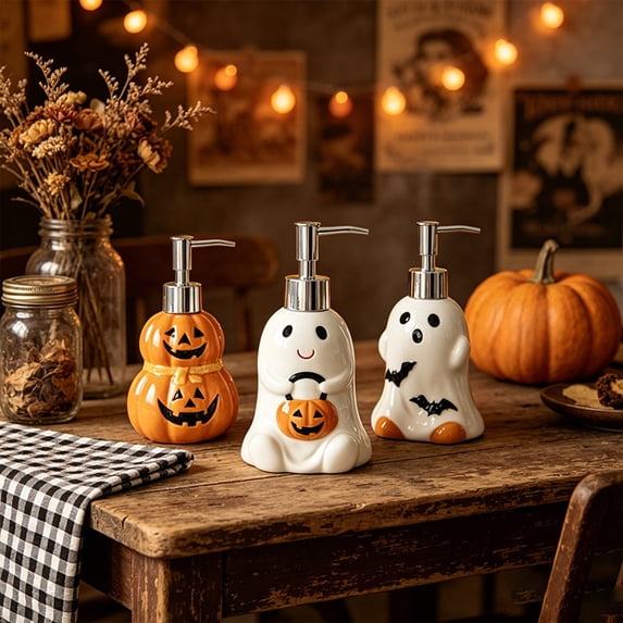 WYBXZ Halloween Ghost Pumpkin Ceramic Soap Dispenser, 16.8cm Lotion Pump Bottle for Bathroom Decor, White Style C