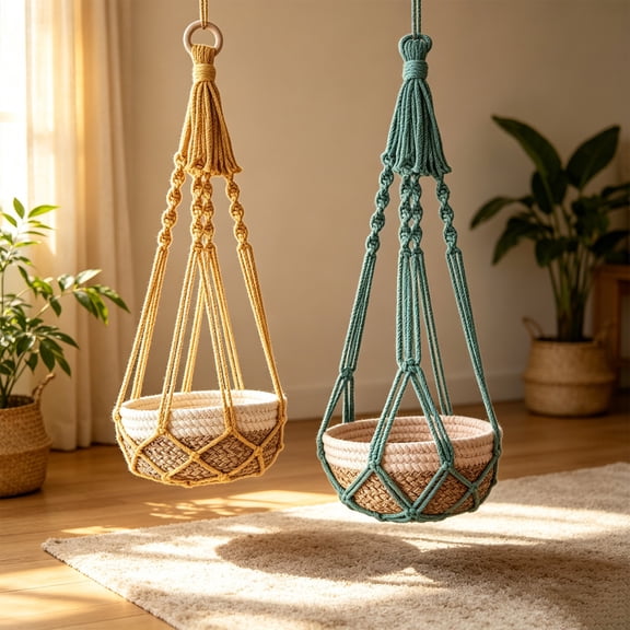 WYBXZ Macrame Plant Hanger Yellow, Cotton Rope Hanging Basket with Tassels, Boho Storage Net for Outdoor Planter