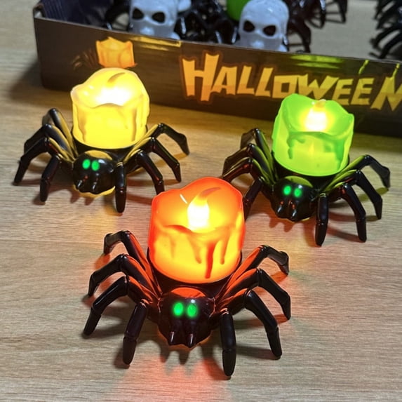 WYBXZ Orange Spider LED Candle, Flameless Dripping Wax Tealight with Glowing Eyes for Ghost House, Spooky Tabletop Halloween Decor for Indoor Summer Party