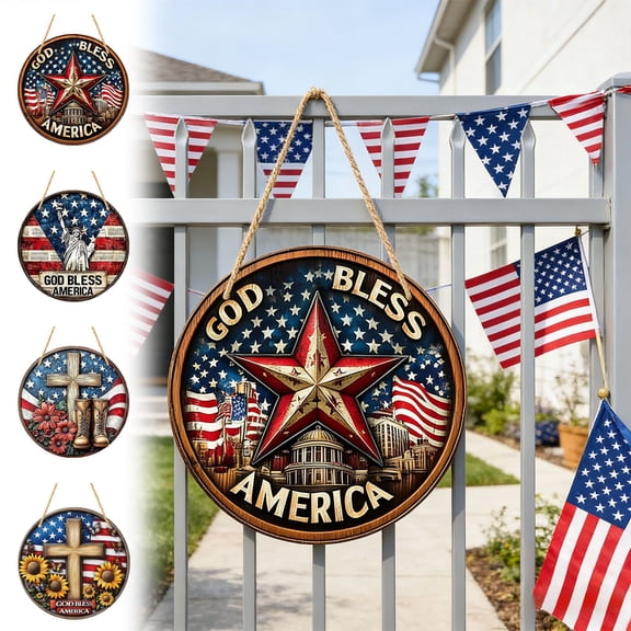 WYBXZ Patriotic Round Sign Variant C US Flag Wooden Hanging Decoration for Log Cabin Rustic Charm 3D Effect Pre Installed Rope Hanger