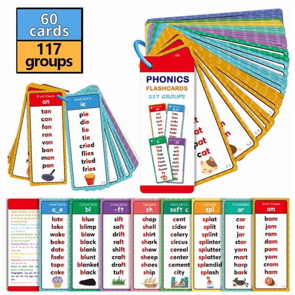 WYBXZ Phonics Flash Cards – 117 Groups 900+ Rhyming Words for Preschool Kindergarten Summer Learning – Waterproof, Tear-Resistant, with Storage Ring