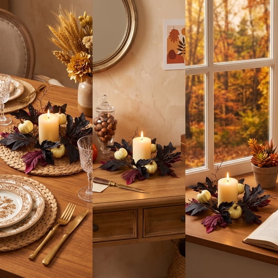 WYBXZ Pumpkin Leaf Candle Wreath Fall Harvest Decoration Artificial Flower Ring for Pillar Candles Dining Table Centerpiece