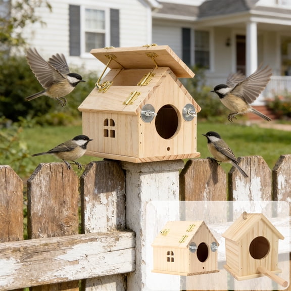 WYBXZ Rustic Log Cabin Bird Feeder - Solid Wood Wren House for Tree & Patio, Secure Hanging with Metal Screws - Ventilated Nesting Box for Starlings - Summer Wildlife