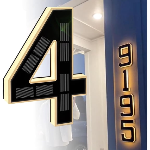 WYBXZ Solar Powered Address Number 4 Outdoor LED Doorplate for Modern Home Exterior Fade Resistant Finish Acrylic Backlit Number 4 Energy Free