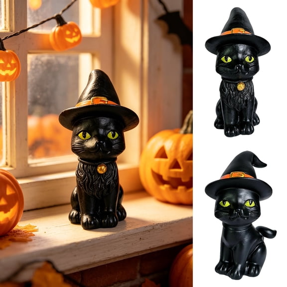 WYBXZ Style B Halloween Resin Black Cat Witch Figurine Spooky Statue with Green Eyes for Tabletop Shelf Display