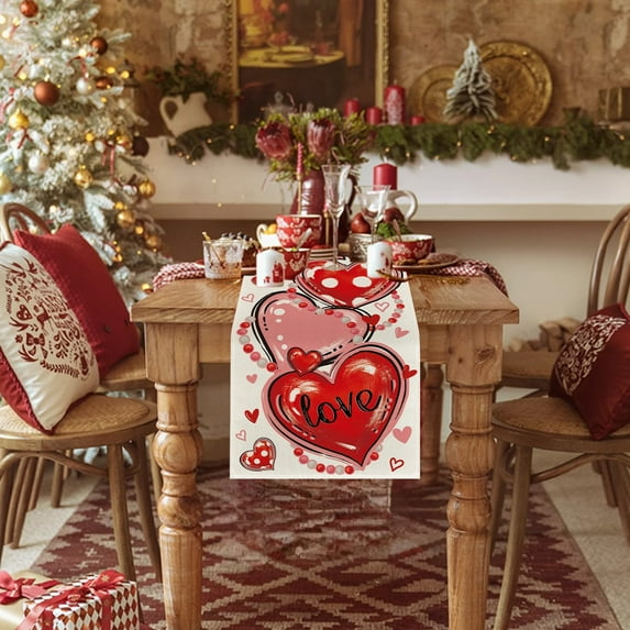 WYBXZ Valentine's Day Red Love Hearts Table Runner, Super Soft Tablecloth, Anniversaries, Engagement, Kitchen Dining Fireplace Mantel Decor, 13x72 In
