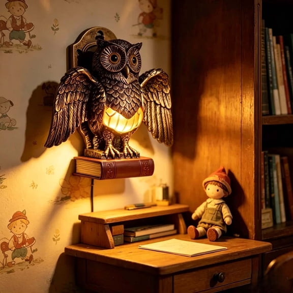 WYBXZ Vintage Owl Night Light 6.3x5.9 Inch Steampunk Resin Desk Lamp with Gilded Book Base, Warm Glow for Bedside Table Home Office Decor Gift