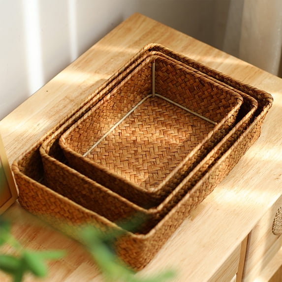 WYBXZ Woven Storage Basket Large – Handmade Natural Wicker Desktop Clutter Box for Bathroom Entryway, Warm Orange for Summer Home Organization