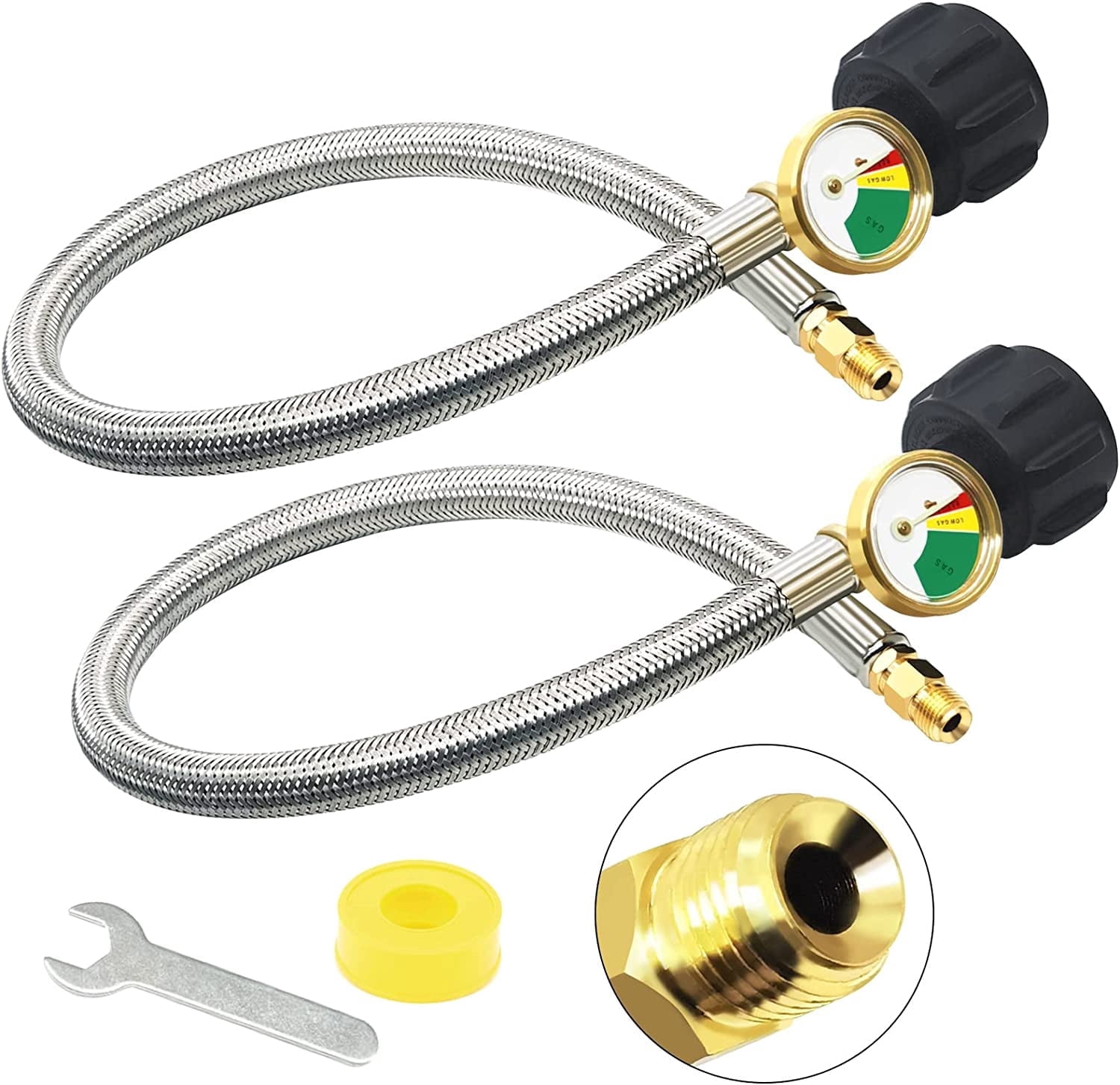 2 Packs RV Propane Hoses with Gauge,18 Inch Stainless Steel Braided Camper Tank Hose,Rv lp Gas Hoses Connector for Standard Two-Stage Regulator, 40Lb 250PSI,1/4" inverted male flare /QCC1 Fitting