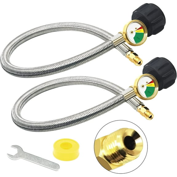 2 Packs RV Propane Hoses with Gauge,18 Inch Stainless Steel Braided Camper Tank Hose,Rv lp Gas Hoses Connector for Standard Two-Stage Regulator, 40Lb 250PSI,1/4" inverted male flare /QCC1 Fitting