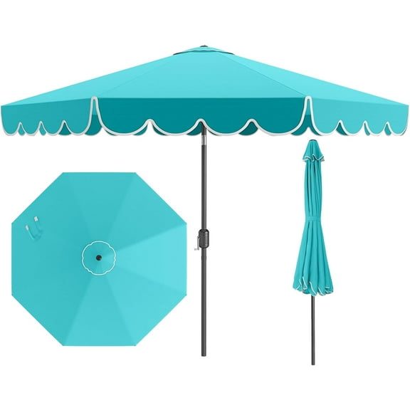 WYDK 10 FT Patio Umbrella, 2-Tiers Scalloped Outdoor Table Market Umbrella with Tilt Adjustment, Crank, 8 Sturdy Ribs for Pool, Deck, Backyard (Turquoise)
