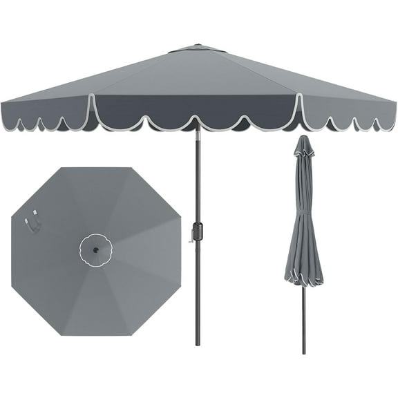 WYDK 10 FT Patio Umbrella, 2-Tiers Scalloped Outdoor Table Market Umbrella with Tilt Adjustment, Crank, 8 Sturdy Ribs for Pool, Deck, Backyard (Gray)