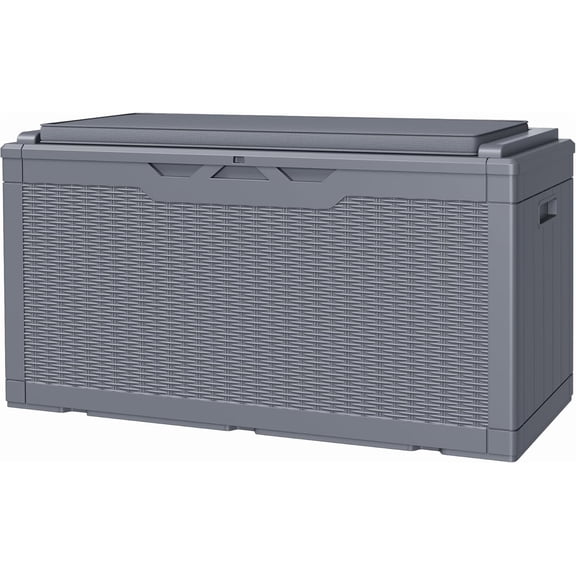 WYDK 100 Gallon Resin Deck Box with Cushion, Waterproof Outdoor Storage Box with Lockable Lid for Garden Tools, Patio Cushions (Gray)