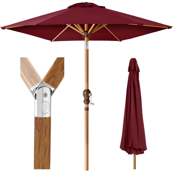 WYDK 10ft Market Umbrella, Outdoor Sun Shade for Backyard, Deck, Poolside, Table w/Woodgrain Pattern, Easy Tilt & Crank - Burgundy
