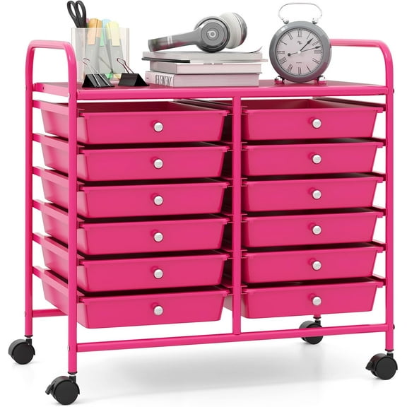 WYDK 12 Drawers Rolling Cart, Mobile Storage Drawer Cart, Classroom Organizer Cart for Office School Supplies Tools Scrapbook Paper Craft Small Printer, Utility Cart on Wheels, Hot Pink