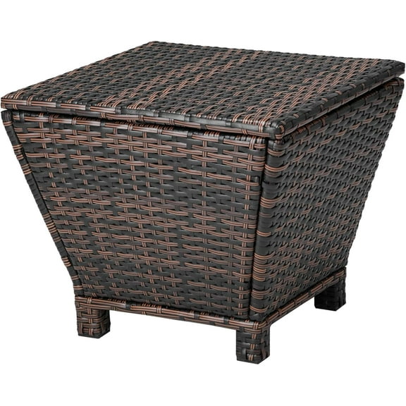 WYDK 13 Gallon Outdoor Deck Box, Wicker Outdoor Storage Box with Lid, Small Storage Bin Container for Outside and Patio, Patio Rattan Side Table for Yard Porch (Brown, Trapezoidal)