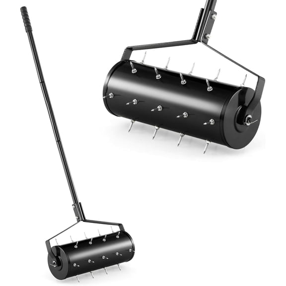 WYDK 18" Manual Lawn Aerator, Heavy Duty Rolling Aerator Lawn Tool Filled Sand Stone with 51" Detachable Handle & Tine Spikes for Soil Loosening, Push Grass Aeration for Garden Yard, Black