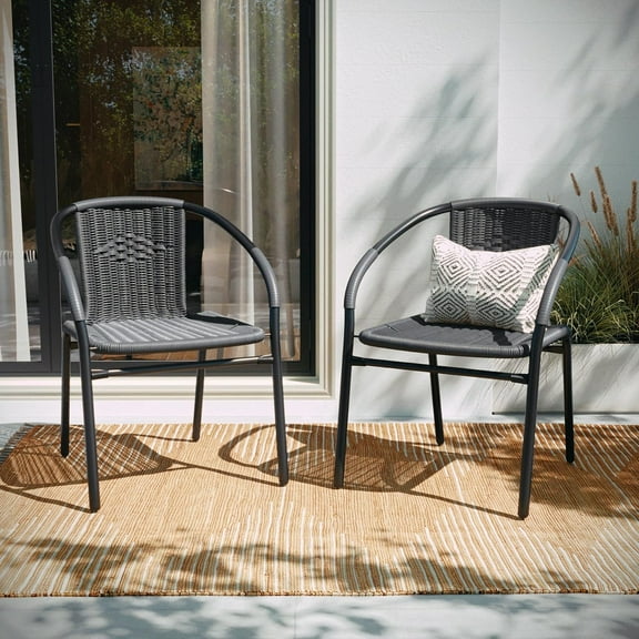 WYDK 2 Pack Medium Brown Rattan Indoor-Outdoor Restaurant Stack Chair with Curved Back,Grey